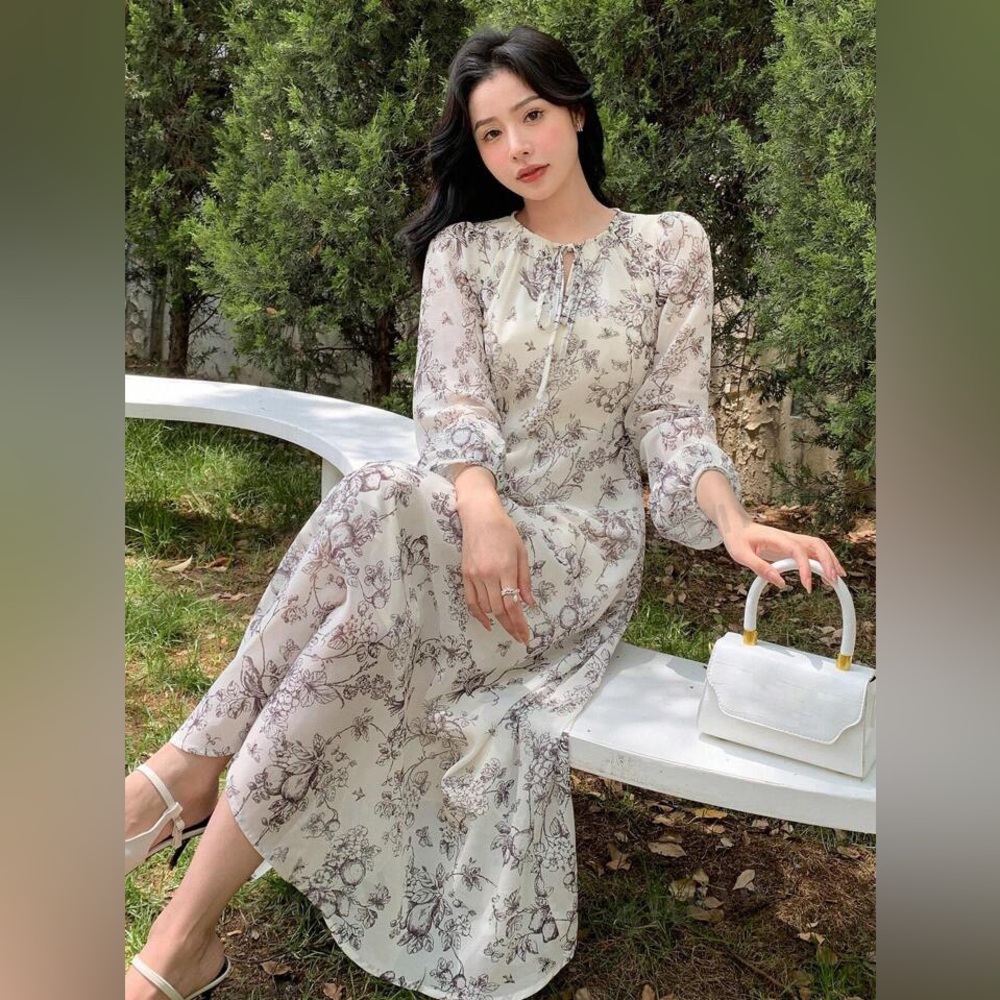 Shein DAZY Floral Tie Neck Lantern Sleeve Dress